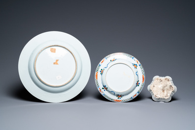 A Chinese famille rose dish, a teapot stand and a famille verte plate, Kangxi/Qianlong