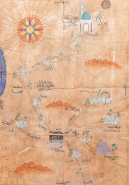 Ecole ottomane: 'Une carte avec au centre la Kaaba &agrave; La Mecque', encre et couleurs sur papier, 19&egrave;me