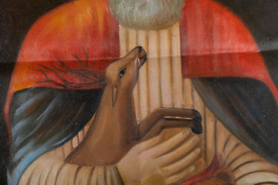 Persian school: Haji Bektash Veli with a deer and a lion, oil on canvas, 20th C.