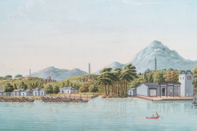 Ecole de Canton: Une vue sur les trois temples de Dali, Yunnan, aquarelle sur papier, 19&egrave;me