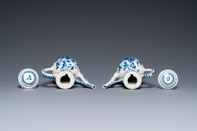 A Dutch Delft blue and white cruet set on stand, 18th C.