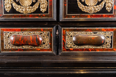 A tortoise veneer, gilt copper, ebony and ebonised wooden mirrored interior cabinet on stand, Antwerp, 17th C.