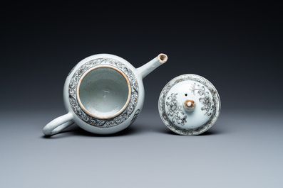 A Chinese grisaille 'mating hen and rooster' teapot and cover, Yongzheng/Qianlong