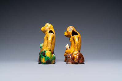 Two Chinese sancai-glazed 'monkey on deer' ewers, 19th C.