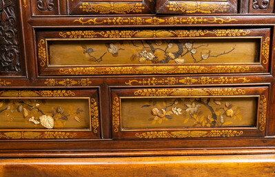 A Japanese 'chigaidansu' gilt-lacquered wood cabinet with finely carved ivory insets, Meiji, 19th C.