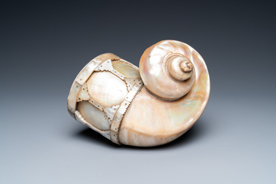 An Indo-Portuguese mother-of-pearl and nautilus shell powder horn, Gujarat, India, 17/18th C.