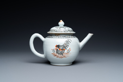 A Chinese grisaille 'mating hen and rooster' teapot and cover, Yongzheng/Qianlong