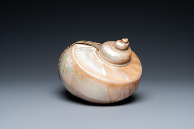 An Indo-Portuguese mother-of-pearl and nautilus shell powder horn, Gujarat, India, 17/18th C.