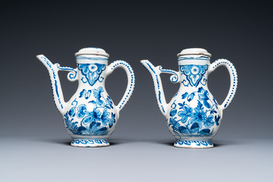 A Dutch Delft blue and white cruet set on stand, 18th C.