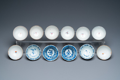 Twenty-two Chinese blue and white and famille rose cups and nineteen saucers, Kangxi and later