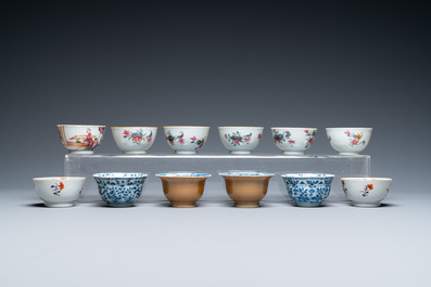 Twenty-two Chinese blue and white and famille rose cups and nineteen saucers, Kangxi and later