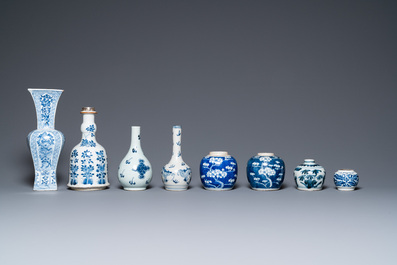 Eight Chinese blue and white vases, Kangxi and later