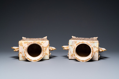 A pair of Japanese Satsuma 'Shimazu Mon' vases on elephant feet, Meiji, 19th C.