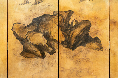 Un &eacute;cran de type 'Byobu' de cinq feuilles en papier peint &agrave; d&eacute;cor d'un paysage, sign&eacute; Zi Yu Ji Yang - 子玉吉羊, Japon, Edo, 18/19&egrave;me