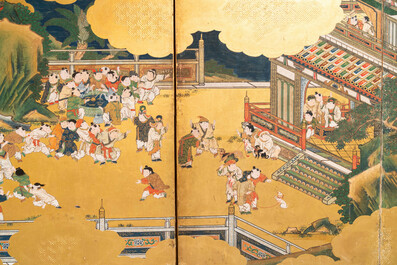 A Japanese painted six-panel 'Byobu' folding screen with playing boys, Edo, 18/19th C.