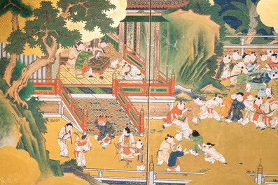 A Japanese painted six-panel 'Byobu' folding screen with playing boys, Edo, 18/19th C.