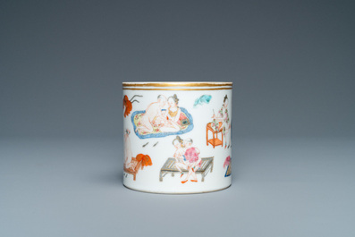 A Chinese famille rose 'erotic subject' brush pot, 1st half 19th C.