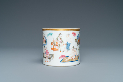 A Chinese famille rose 'erotic subject' brush pot, 1st half 19th C.