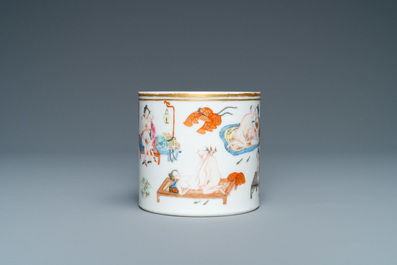 A Chinese famille rose 'erotic subject' brush pot, 1st half 19th C.