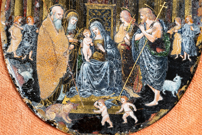 Italian school: 'Adoration of the Shepherds', oval miniature reverse glass painting, 16th C.