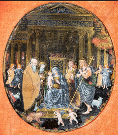 Italian school: 'Adoration of the Shepherds', oval miniature reverse glass painting, 16th C.