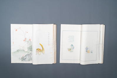 A box with two albums containing 200 woodblocks, a.o. after Qi Baishi, Zhang Daqian, Pu Ru and Ma Jin, Rong Bao Zhai studio, Beijing, 1935