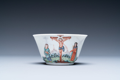 A Chinese Dutch-decorated &lsquo;Crucifixion&rsquo; cup and saucer, Qianlong