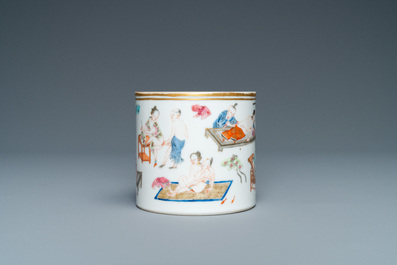 A Chinese famille rose 'erotic subject' brush pot, 1st half 19th C.