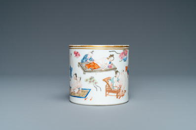 A Chinese famille rose 'erotic subject' brush pot, 1st half 19th C.