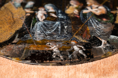 Italian school: 'Adoration of the Shepherds', oval miniature reverse glass painting, 16th C.