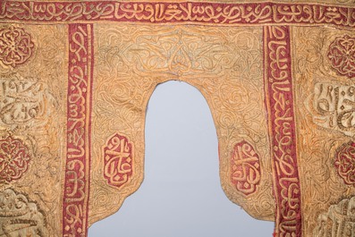 An Ottoman metal-thread-embroidered velvet mosque porti&egrave;re, 19th C.