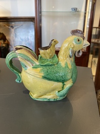 A Chinese sancai-glazed hen-shaped ewer and cover, Kangxi