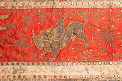 A large Chinese rectangular embroidered silk 'mythical animals' cloth, 19th C.