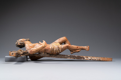 A polychromed wooden figure of the crucified Saint Dismas or 'The penitent thief', Spain, 16th C.