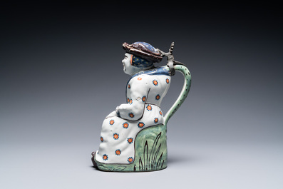 A polychrome French faience 'Jacqueline' ewer and cover, Lille, France, 18th C.