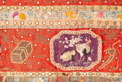 A large Chinese rectangular embroidered silk 'mythical animals' cloth, 19th C.