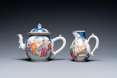 A Chinese famille rose 'Mandarin' teapot and milk jug, Qianlong