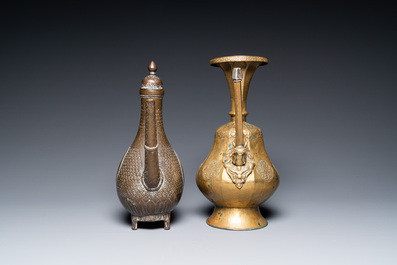 A Tibetan brass ewer, an alms bowl and an Indian bronze ewer, 18/19th C.