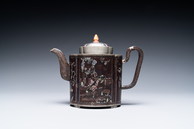 A Chinese 'laque burgaut&eacute;'-lacquered and mother-of-pearl-inlaid pewter teapot and cover, Kangxi