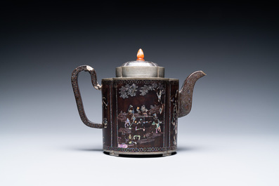 A Chinese 'laque burgaut&eacute;'-lacquered and mother-of-pearl-inlaid pewter teapot and cover, Kangxi