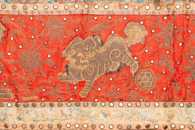 A large Chinese rectangular embroidered silk 'mythical animals' cloth, 19th C.