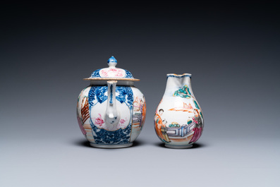 A Chinese famille rose 'Mandarin' teapot and milk jug, Qianlong