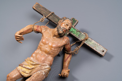 A polychromed wooden figure of the crucified Saint Dismas or 'The penitent thief', Spain, 16th C.