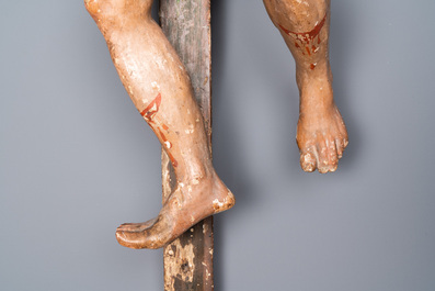 A polychromed wooden figure of the crucified Saint Dismas or 'The penitent thief', Spain, 16th C.