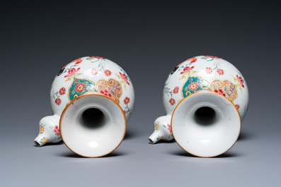 A pair of Chinese famille rose 'rooster' kendi, a Chinese Imari-style dish and an octagonal famille rose dish, Kangxi/Qianlong