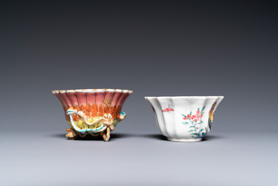 A lobed Chinese gilded famille rose 'lotus' cup and saucer and one depicting roosters, Yongzheng/Qianlong