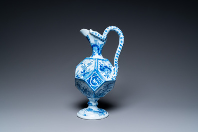 A rare large blue and white French faience facetted chinoiserie ewer, Nevers, late 17th C.