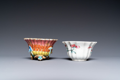 A lobed Chinese gilded famille rose 'lotus' cup and saucer and one depicting roosters, Yongzheng/Qianlong