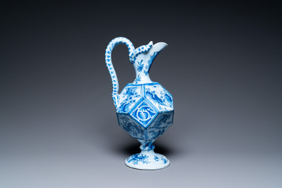 A rare large blue and white French faience facetted chinoiserie ewer, Nevers, late 17th C.