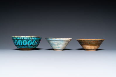 A collection of three turquoise-glazed bowls and two dishes, Middle-East, a.o. Kubachi, 13th C. and later